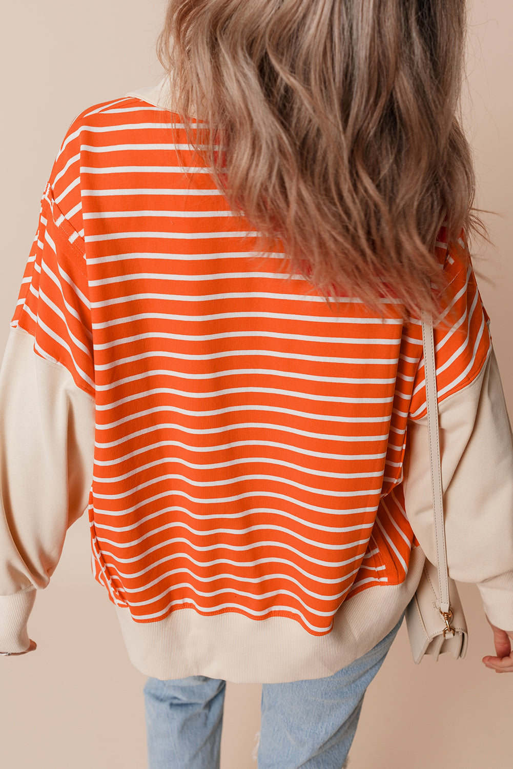 Orange Stripe Color Block Loose Fit Collared Drop Shoulder Sweatshirt Dear-Lover Dropshipping