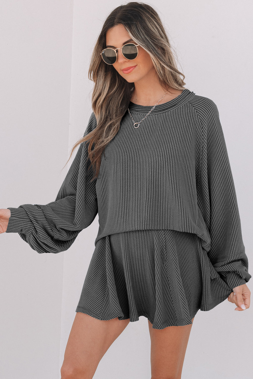 Dark Grey Corded Lantern Sleeve Top High Waist Ruffled Mini Skirt Set Dear-Lover Dropshipping