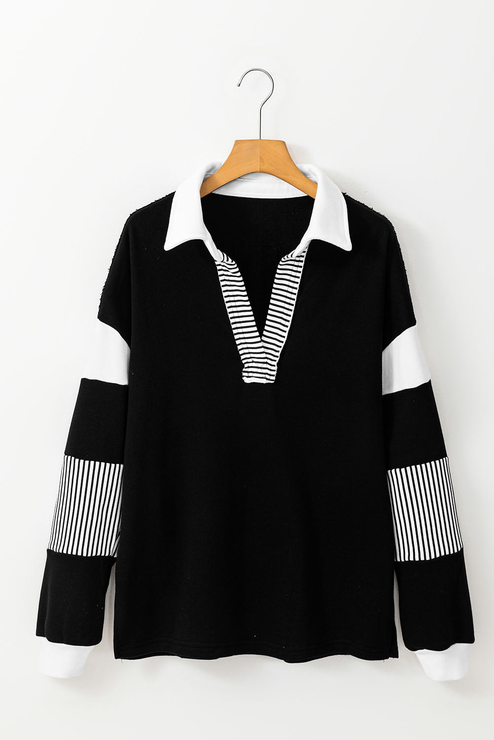 Black Striped Colorblock Patchwork Collar Sweatshirt Dear-Lover Dropshipping