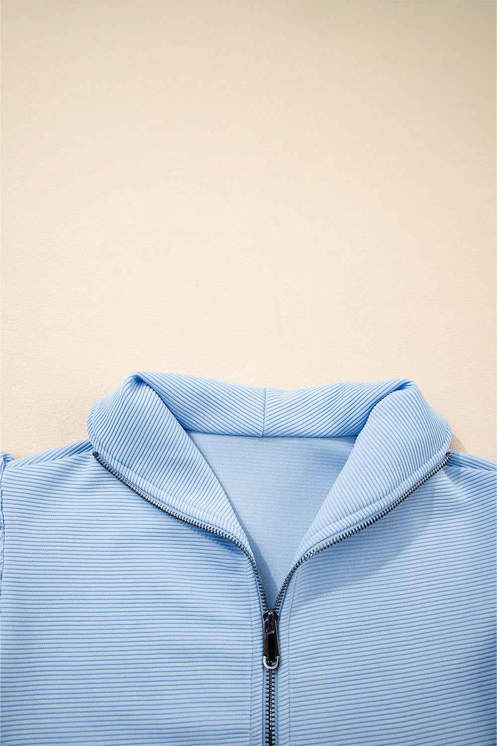 Beau Blue Textured Ruffled Sleeve Zipped Top and Wide Leg Pants Set