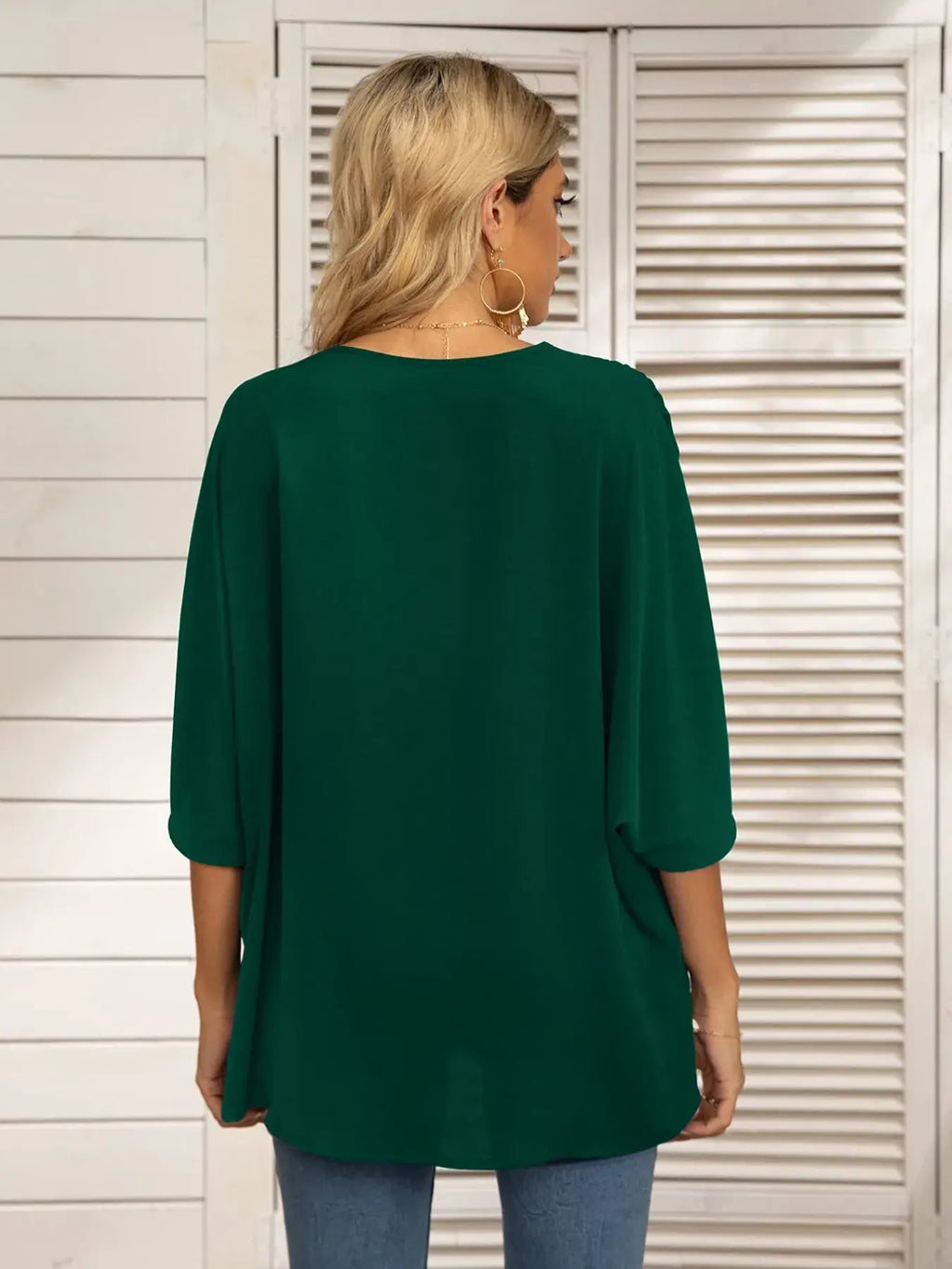 Printed Trim V-Neck Batwing Sleeve Blouse.