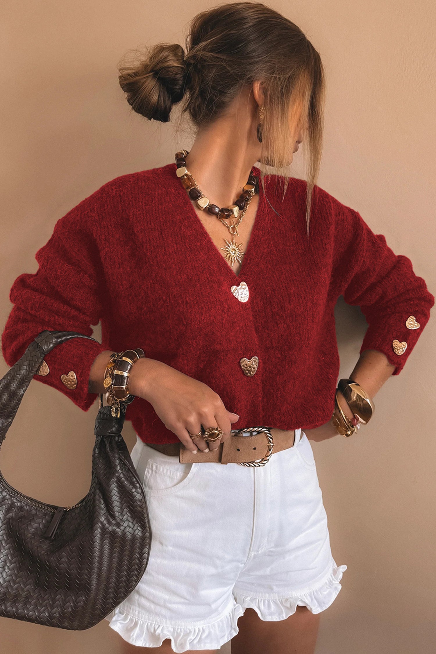 Fiery Red Heart Metal Button V Neck Cardigan Sweater