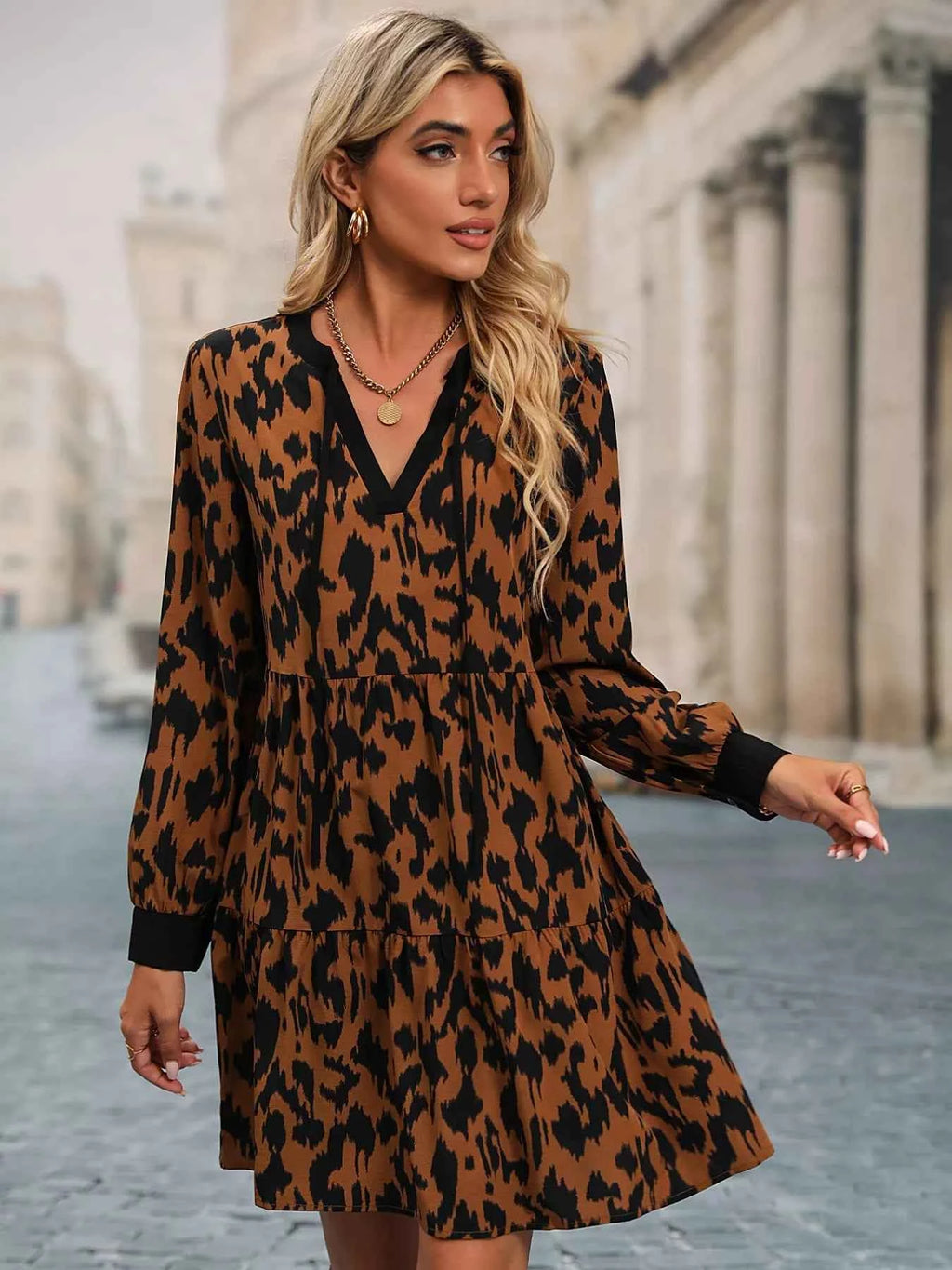 Leopard Tie Neck Long Sleeve Dress