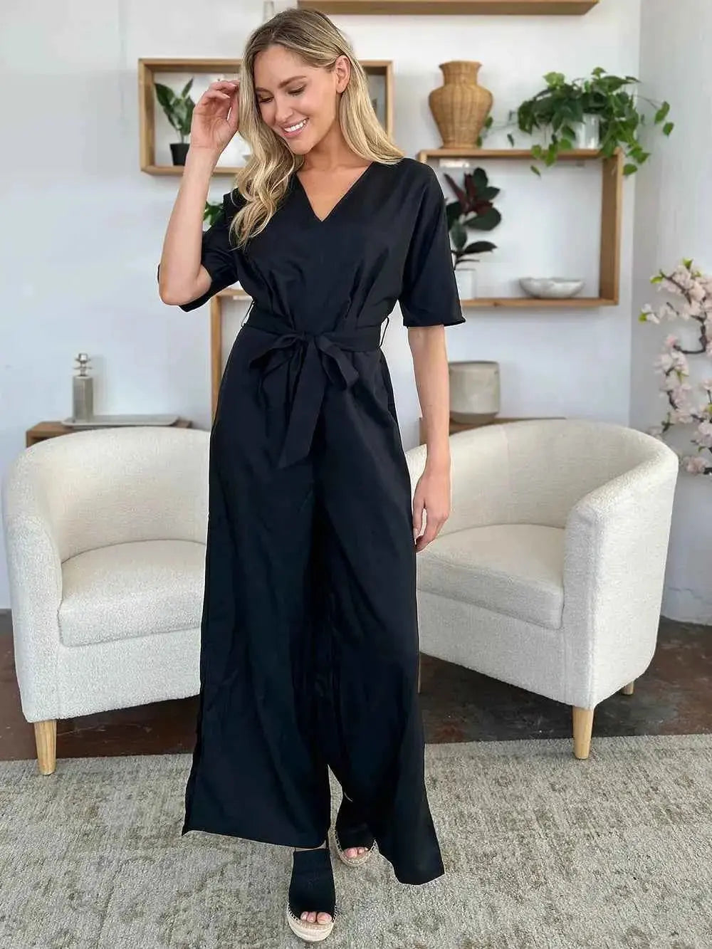 V-Neck Tied Side Slit women Jumpsuit.