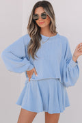 Sky Blue Corded Lantern Sleeve Top High Waist Ruffled Mini Skirt Set Dear-Lover Dropshipping