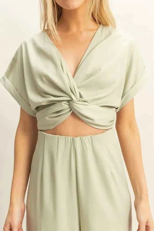 Twisted Front Short Sleeve women Top and Wide Leg Pants Set