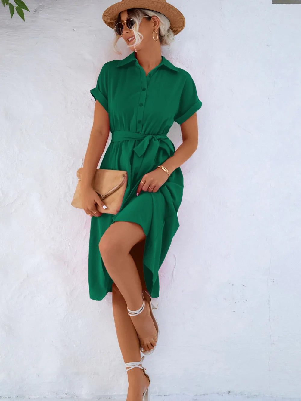 Buttoned Tie Waist Short Sleeve Dress.
