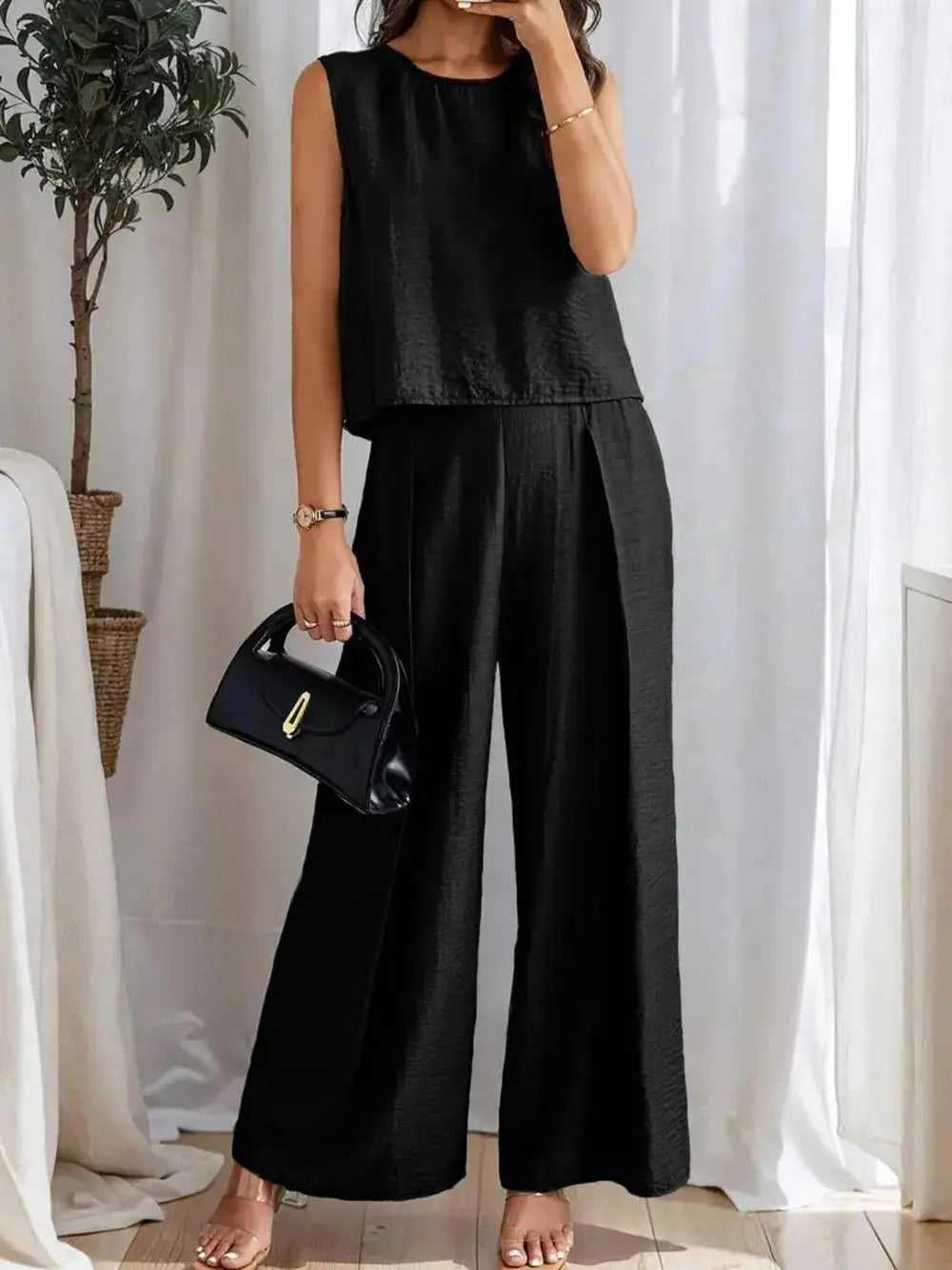Round Neck Sleeveless Top and Wide Leg Pants Set.