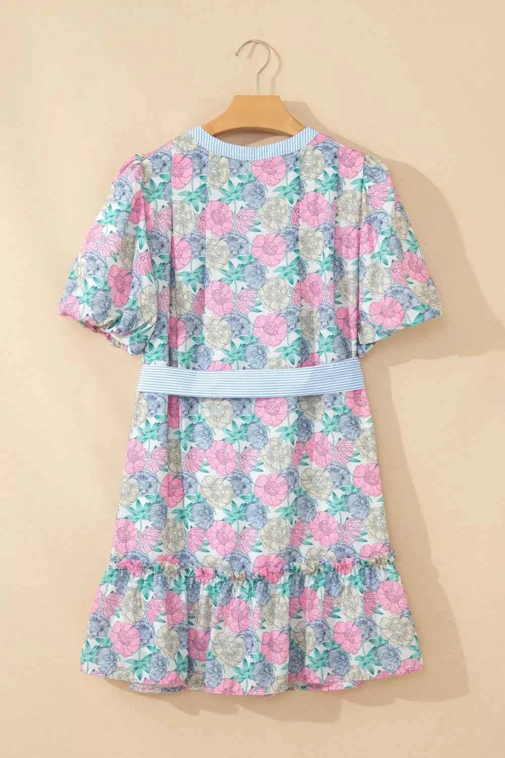 Floral Print Striped Contrast Trim Belted Short Dress