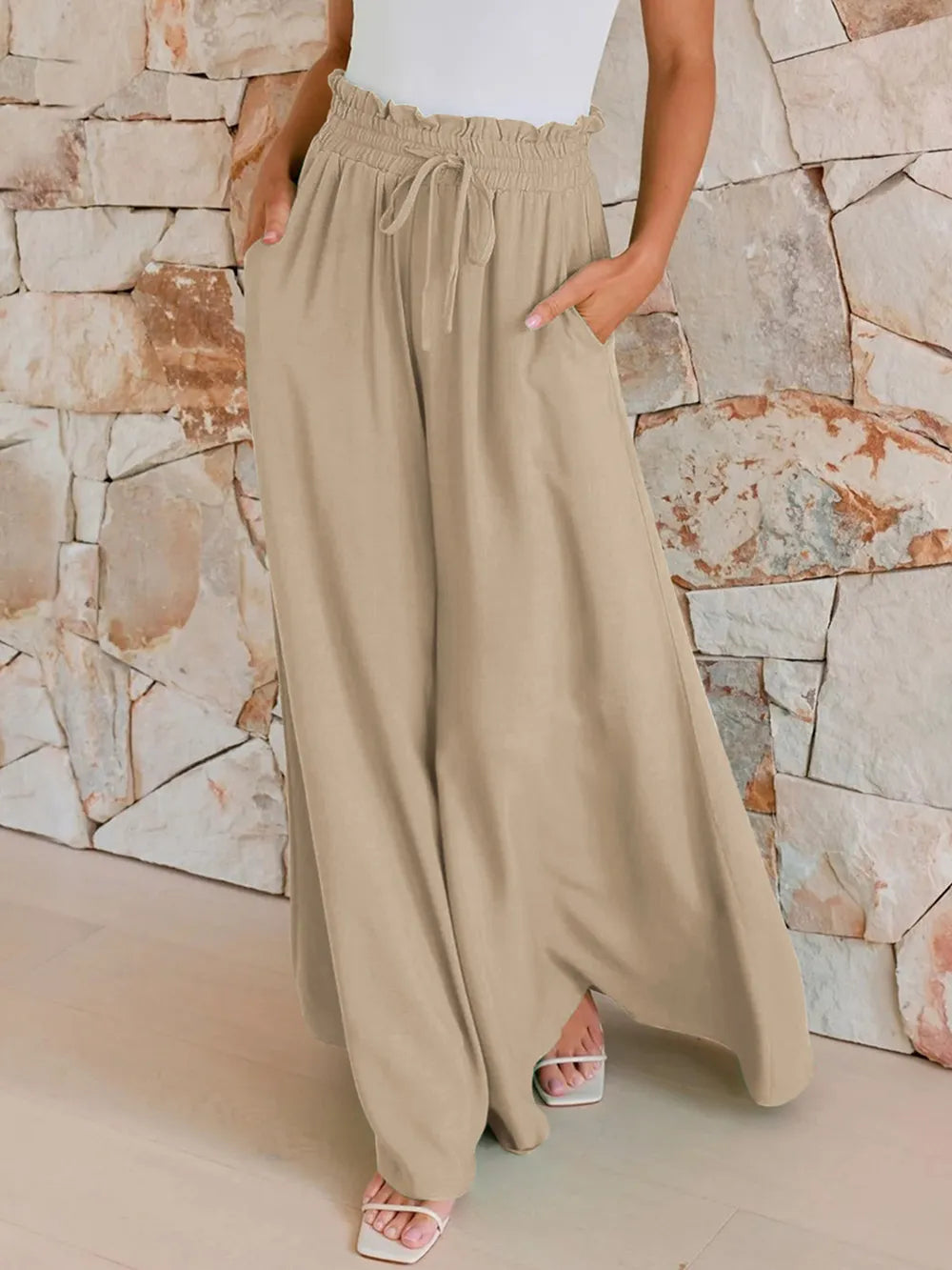 Drawstring Wide Leg Pants with Pockets.