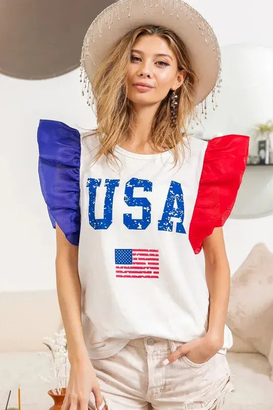 USA Theme Color Block Organza Ruffle Sleeve Top.