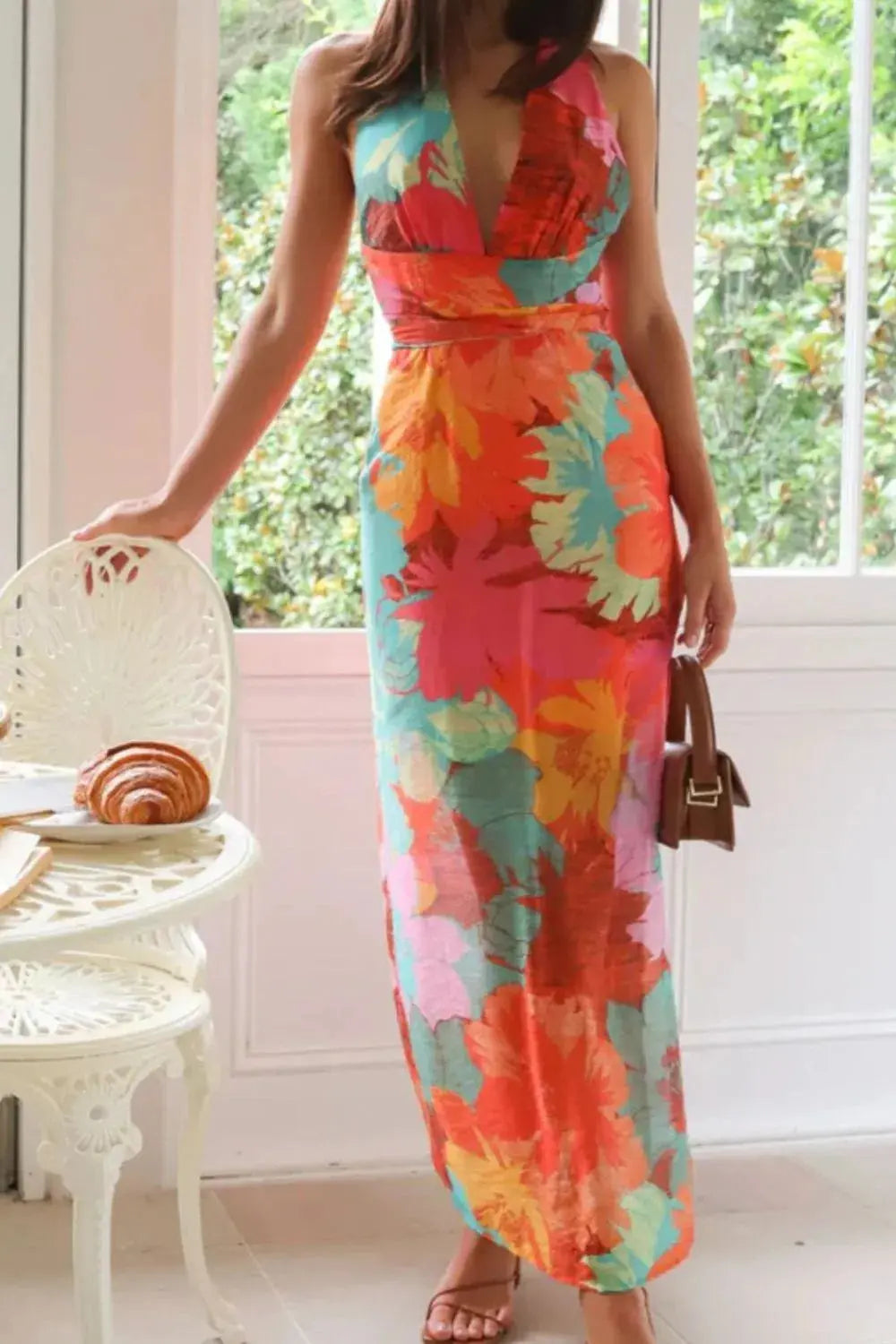 Split Crisscross Back Printed Plunge Maxi Dress.