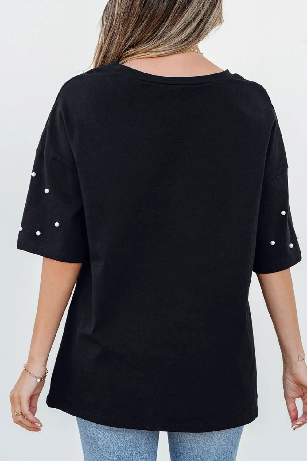 Pearl Beaded Round Neck Half Sleeve T Shirt.