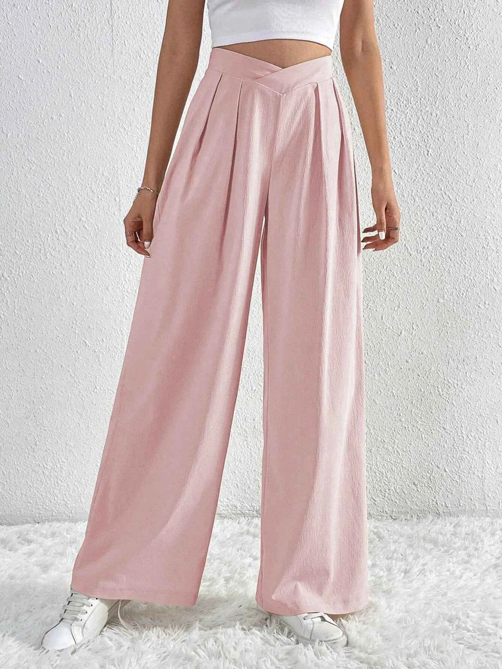 V-Waisted Ruched Front Wide Leg Pants.