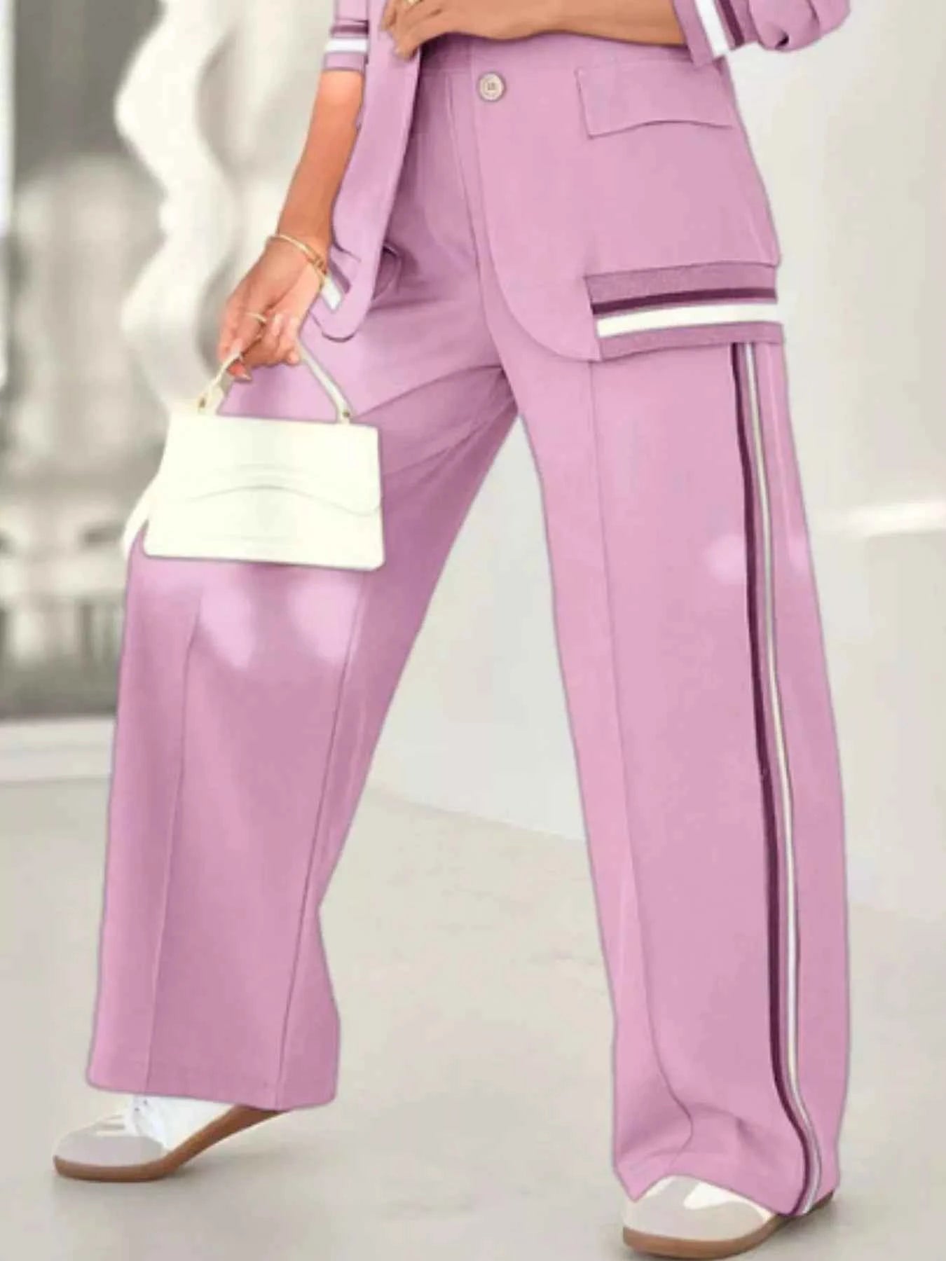 Full Size Striped Trim Button Down Jacket and Pants Set Plus Size