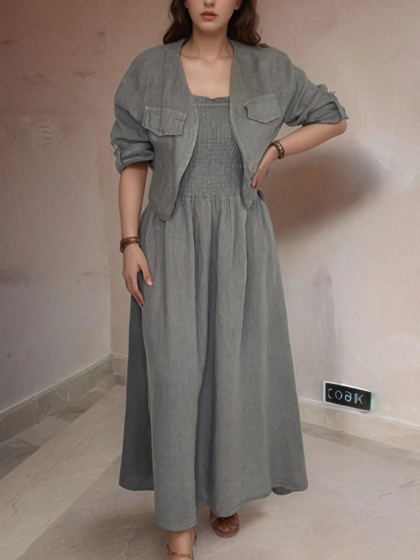 Full Size Smocked Cami Dress and Jacket Set Plus Size.