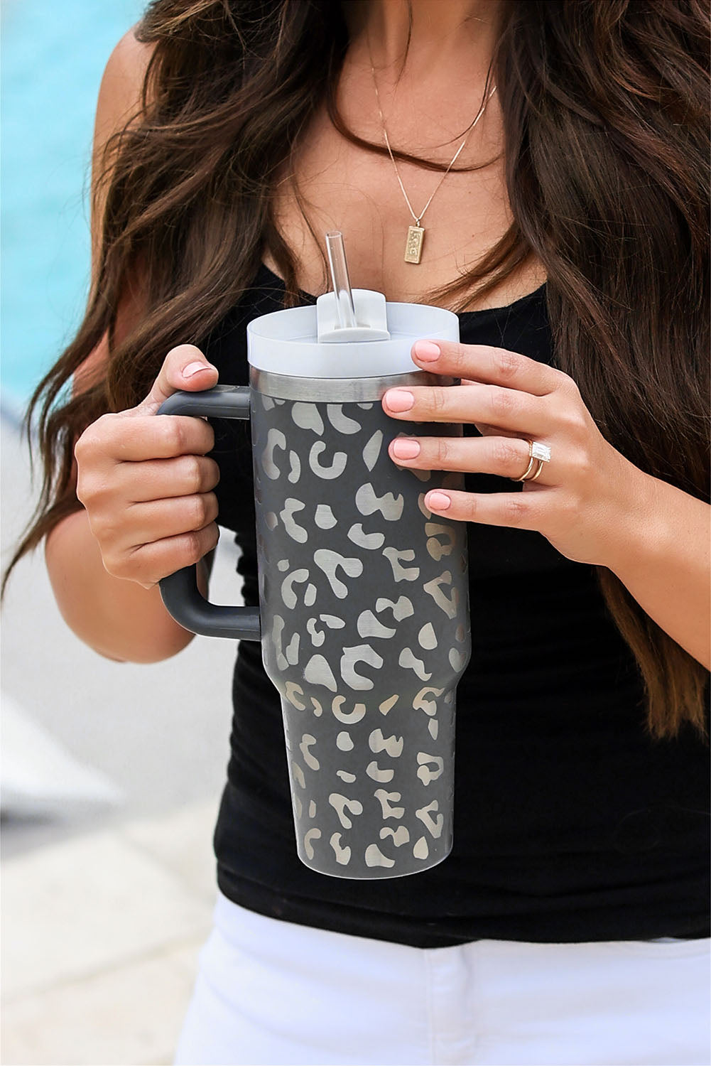 Gray Leopard Print 40OZ Stainless Steel Portable Cup with Handle Dear-Lover Dropshipping