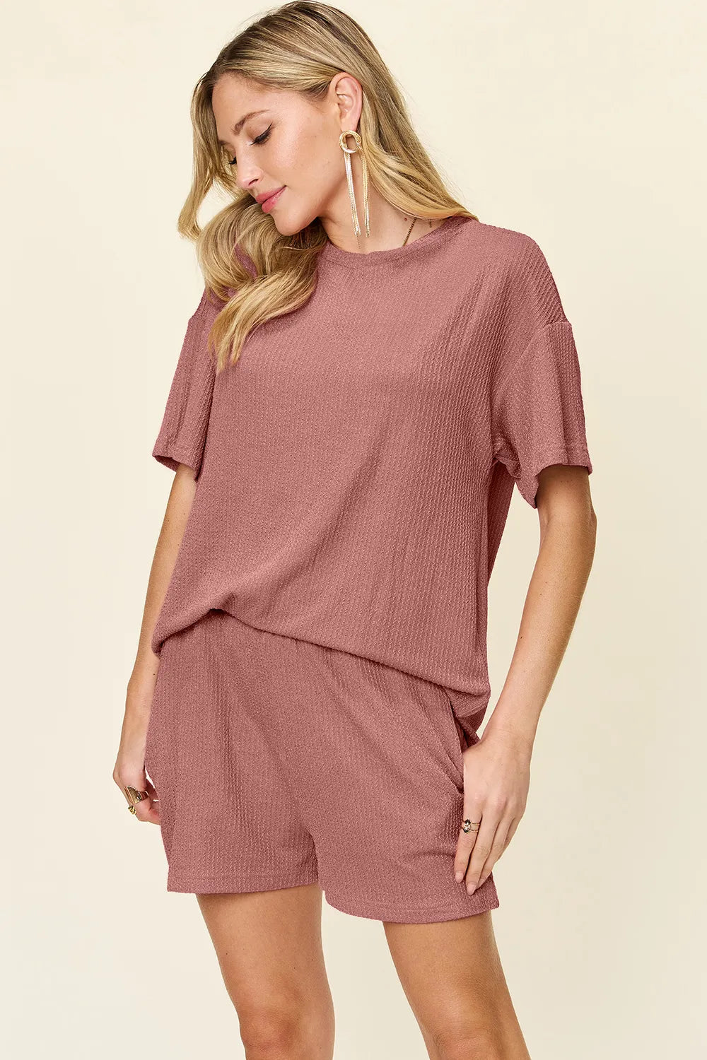 Double Take Full Size Round Neck Short Sleeve T-Shirt and Shorts Set - CHIC TB