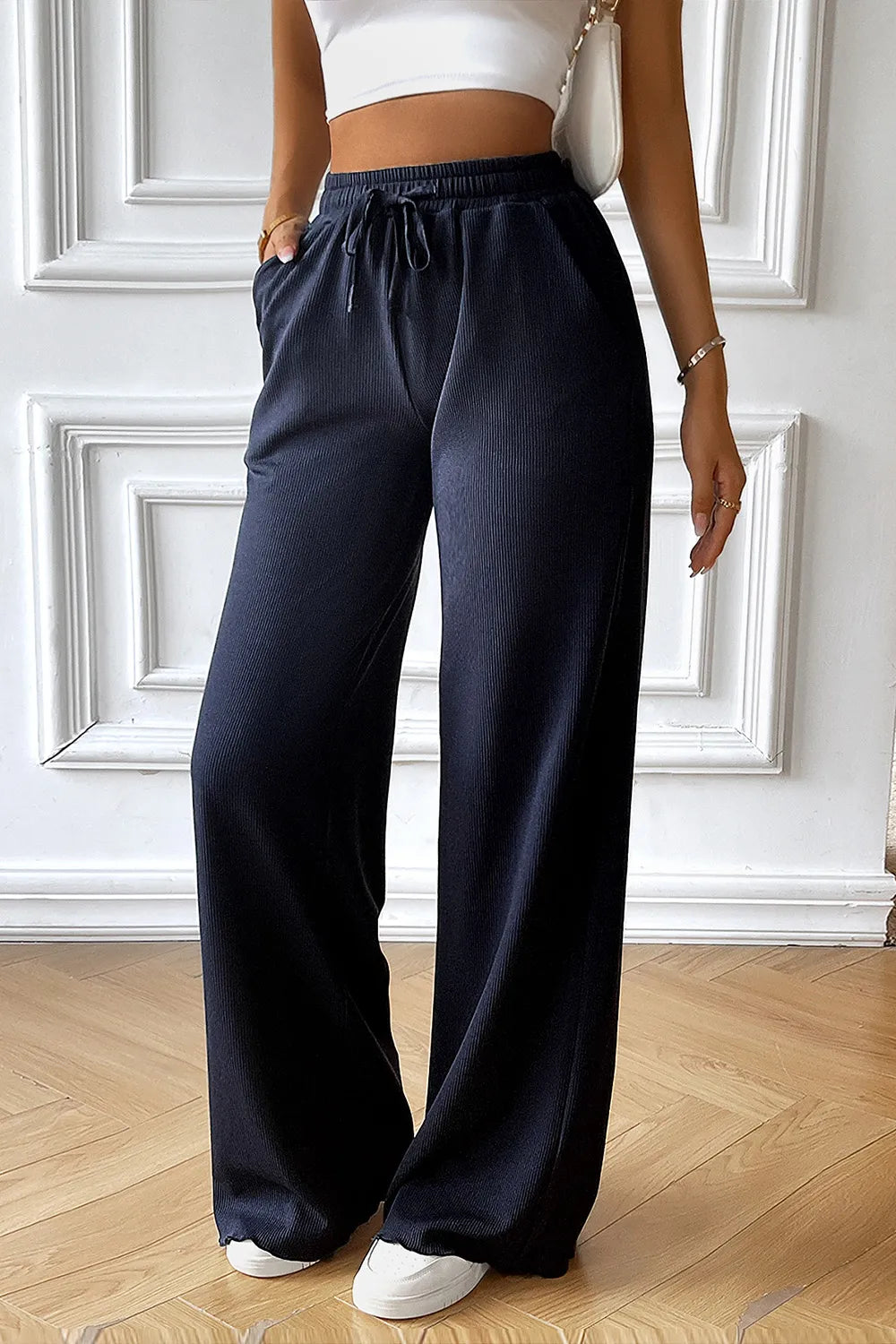 Devine Drawstring Wide Leg Pants with Pocketed.