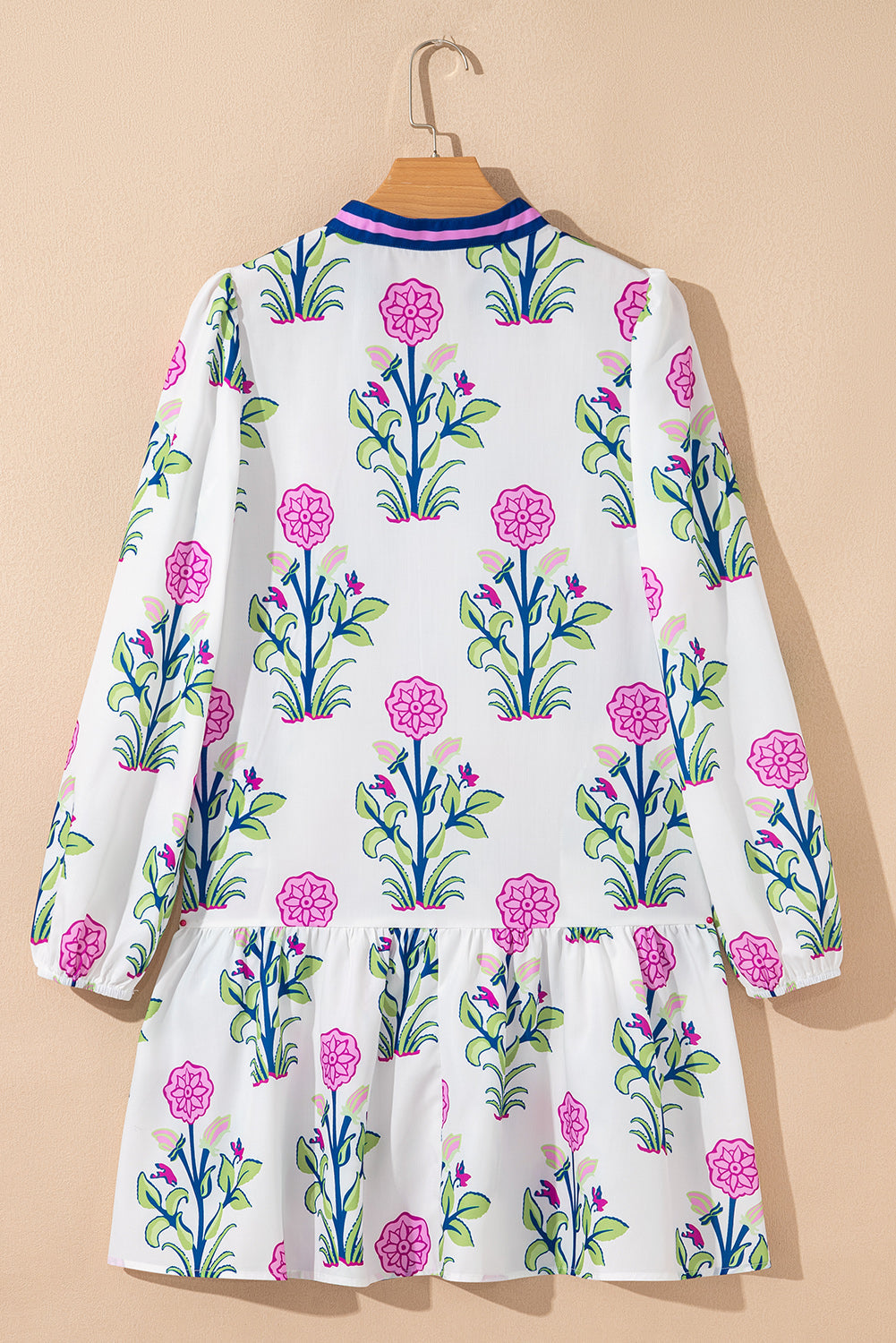 White Floral Print Contrast Striped Trim Notched Neck Long Sleeve Dress Dear-Lover Dropshipping