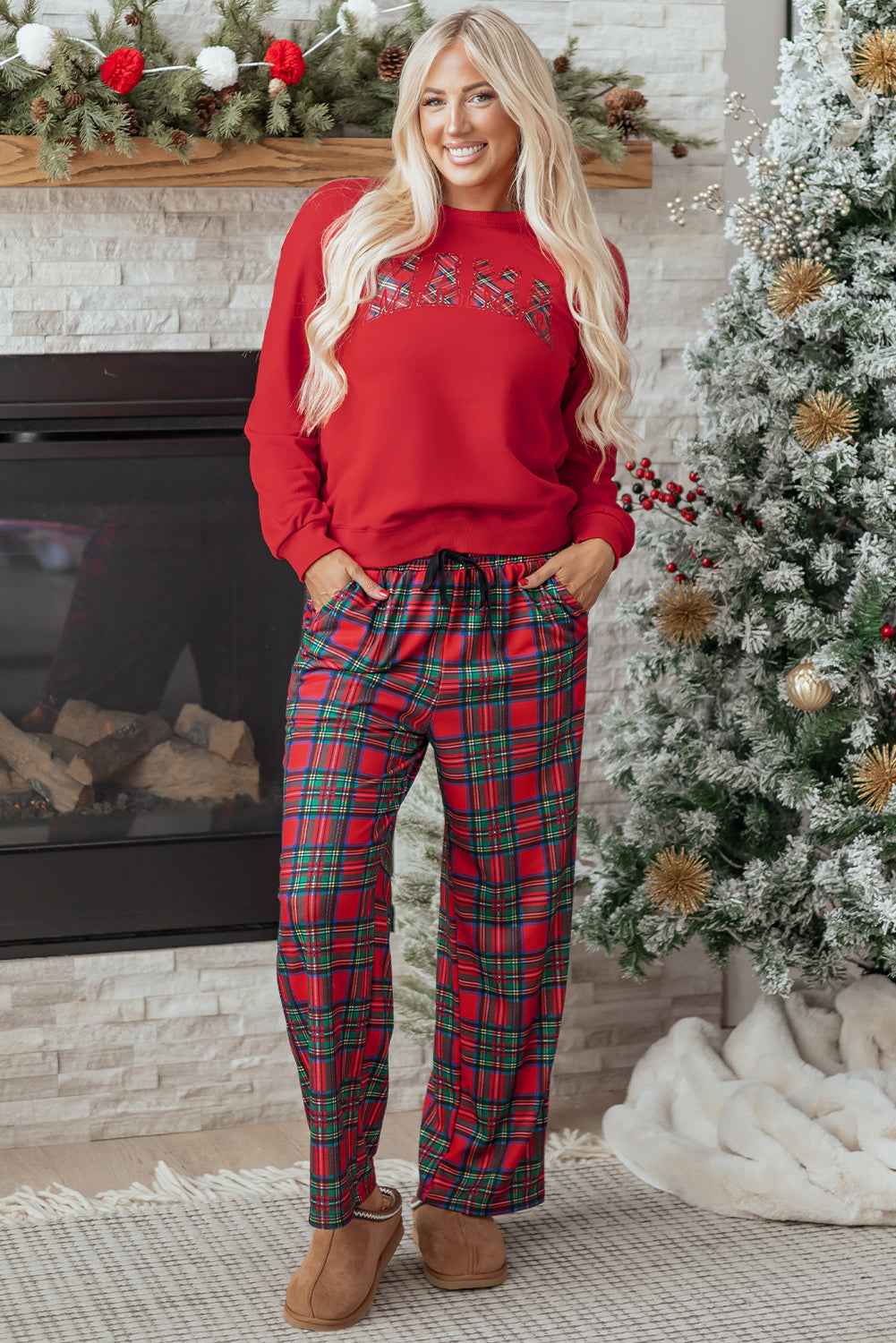 Red Plaid Mama Graphic Christmas Holiday Crewneck Pullover and Pants Two Piece Lounge Set