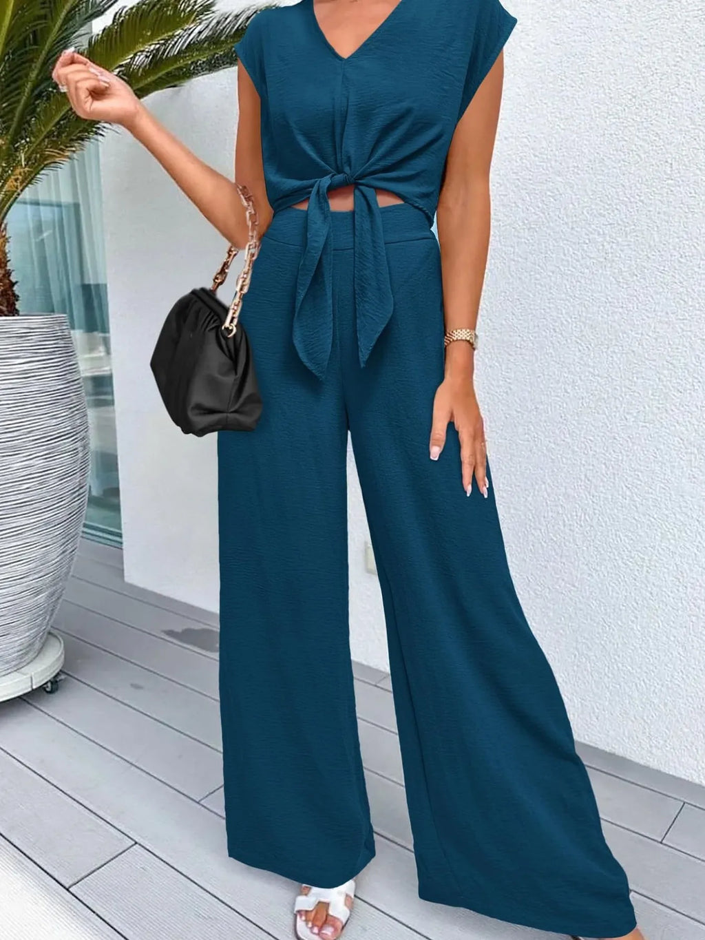 Tie Front Top and Wide Leg Pants Set.
