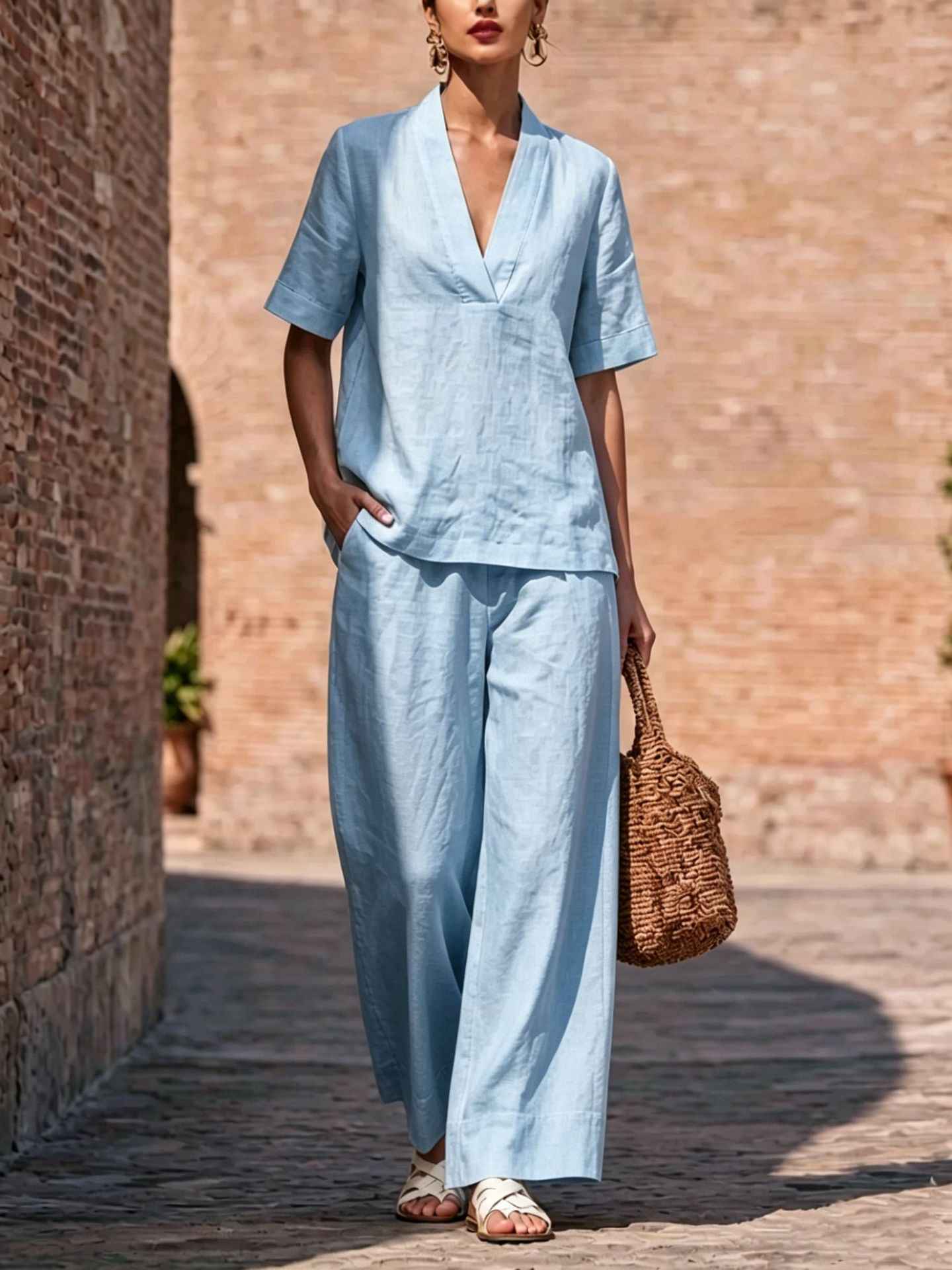 Womens Casual Solid-color V-neck Short-sleeve Long-pants Set