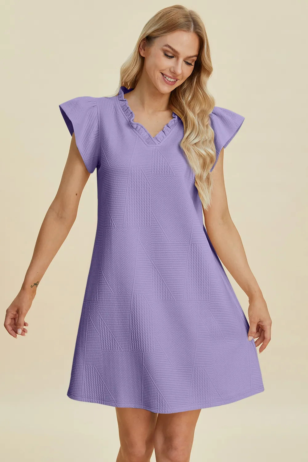 Double Take Full Size Ruffled V-Neck Cap women Sleeve Dress.