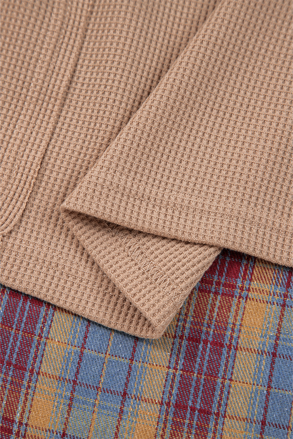 Straw Yellow Waffle Stripe Plaid Patchwork Henley Knit Top Dear-Lover Dropshipping