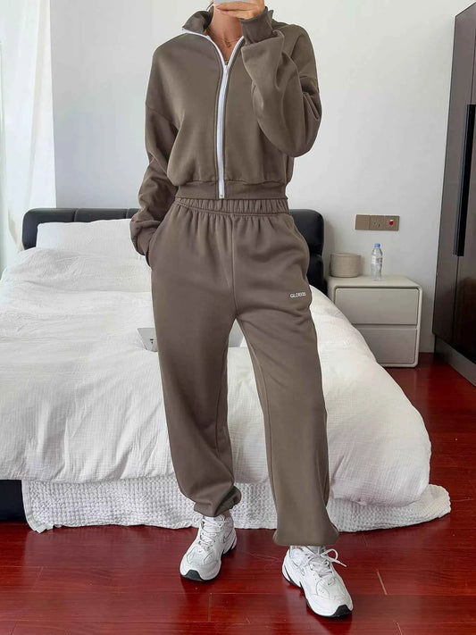 Casual Zipper Front Sweatshirt & Drawstring Pants Set