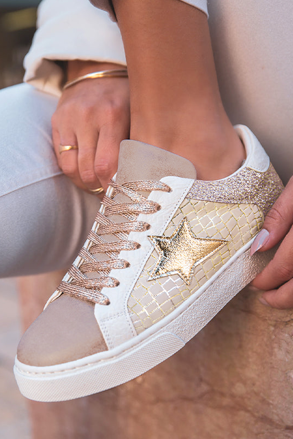 Gold Glitter Star Patchwork PU Leather Lace-up Sneakers Dear-Lover Dropshipping