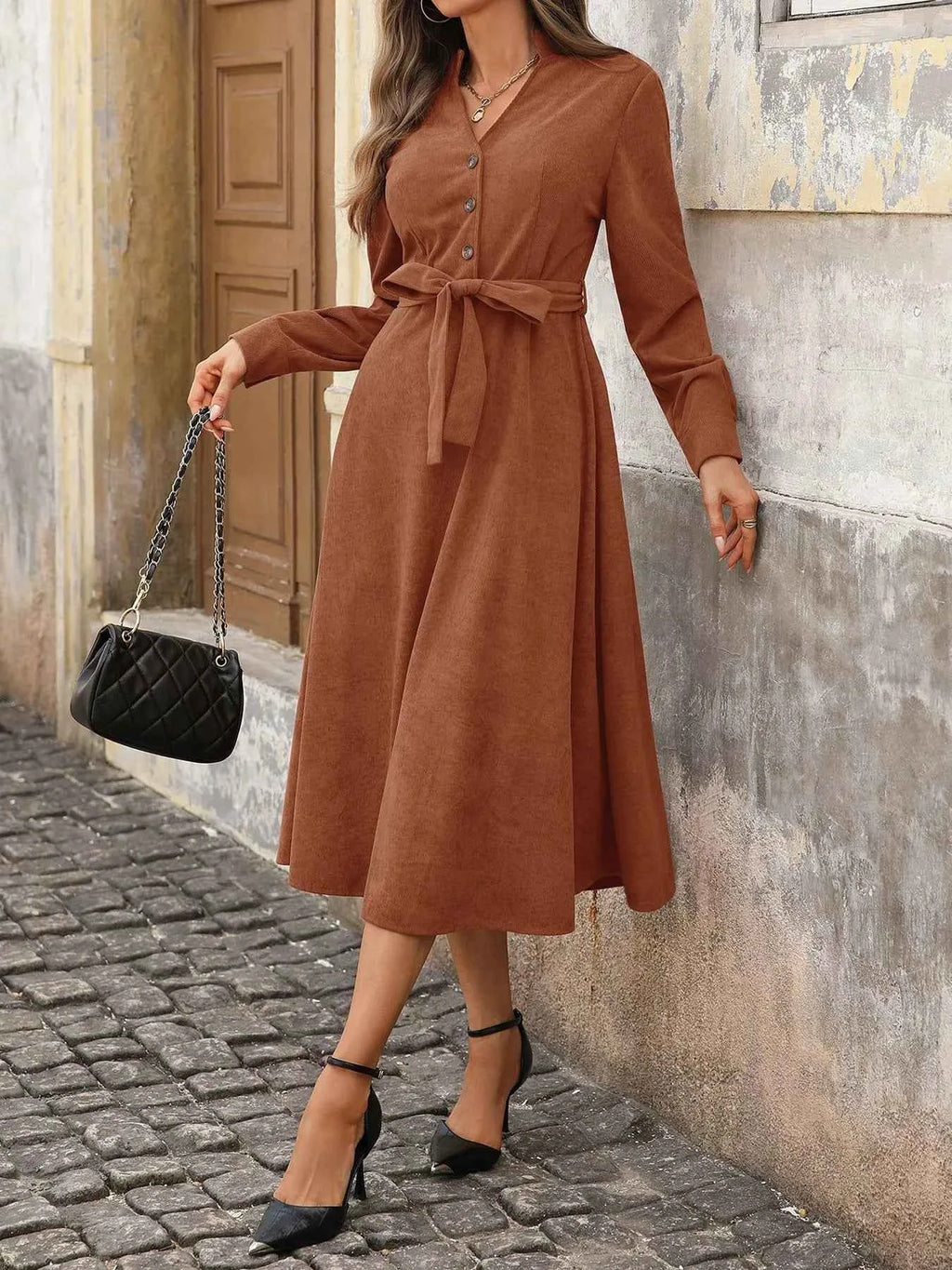 Long Sleeve Button Front Belted Midi Dress