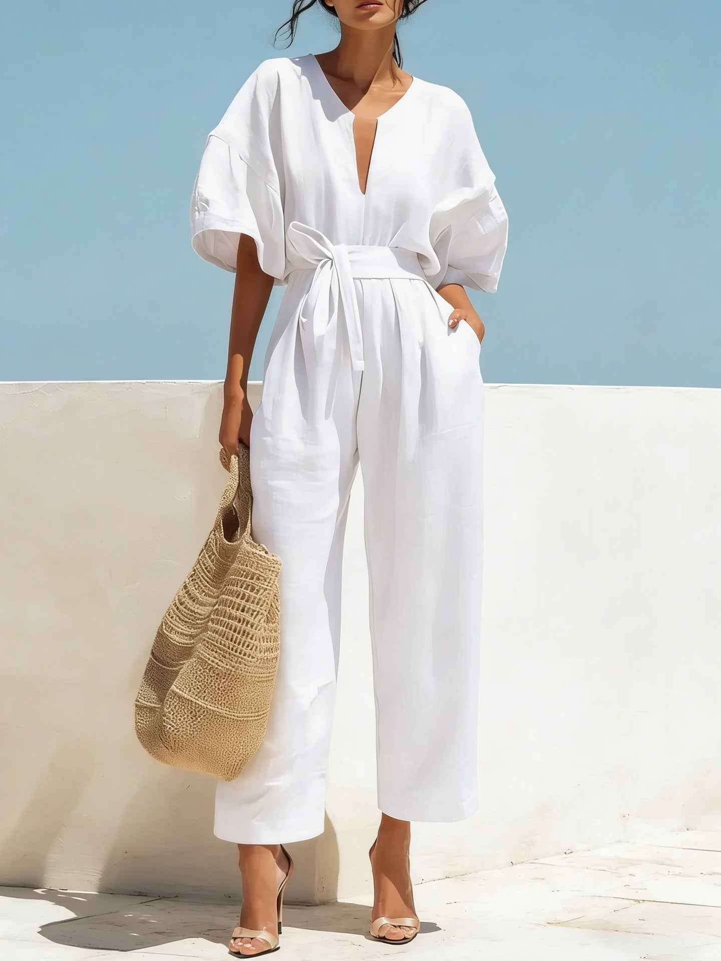 Fashionable V-Neck Solid Color Cotton-Linen Jumpsuit For Women