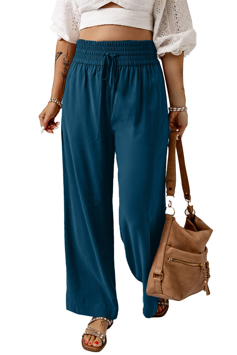Blue Drawstring Elastic Waist Casual Wide Leg Pants Dear-Lover Dropshipping
