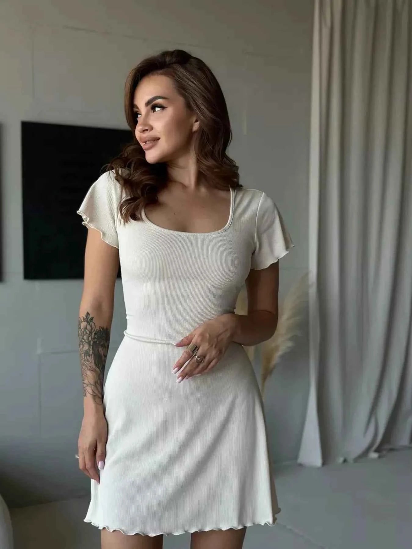 Ribbed Back Lace Up Short Sleeve Mini Dress