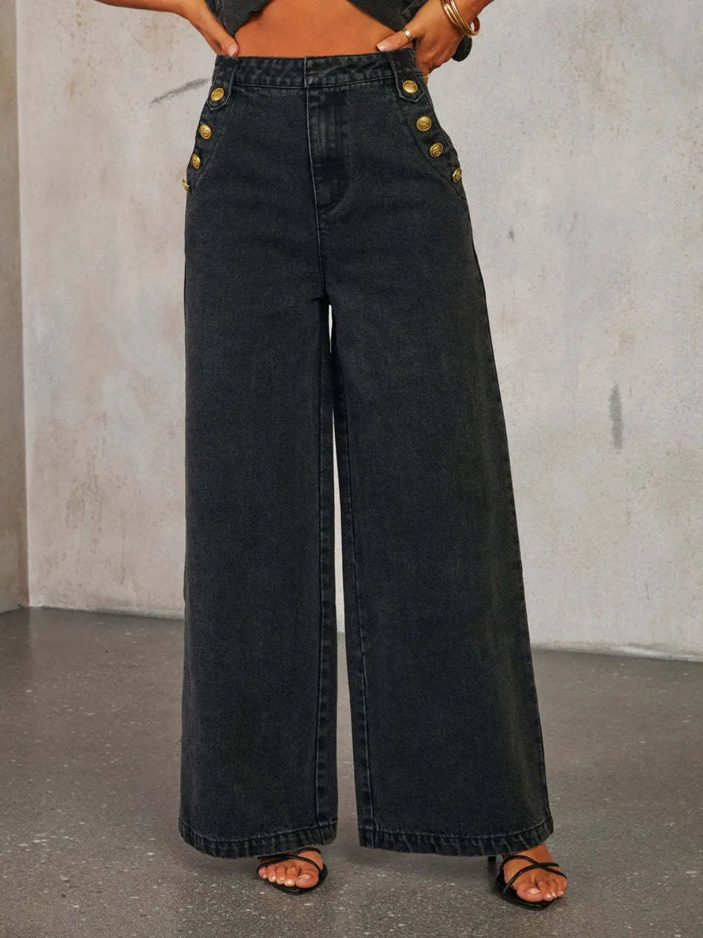 Button Decor High Rise Wide Leg Jeans.