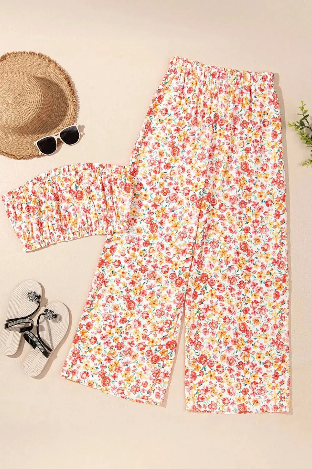 Boho Floral Bandeau Top and High Waist Wide Leg Pants Set.