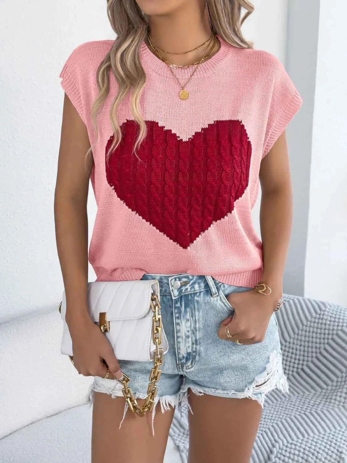 Cable Knit Heart Round Neck Cap Sleeve Knit Top.