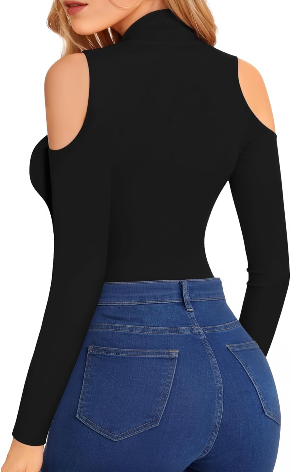 HERLOLLYCHIPS Mock Neck Tops for Women Cold Shoulder Long Sleeve Ribbed Knit Tight Stretchy Sexy Dressy Casual T-Shirts