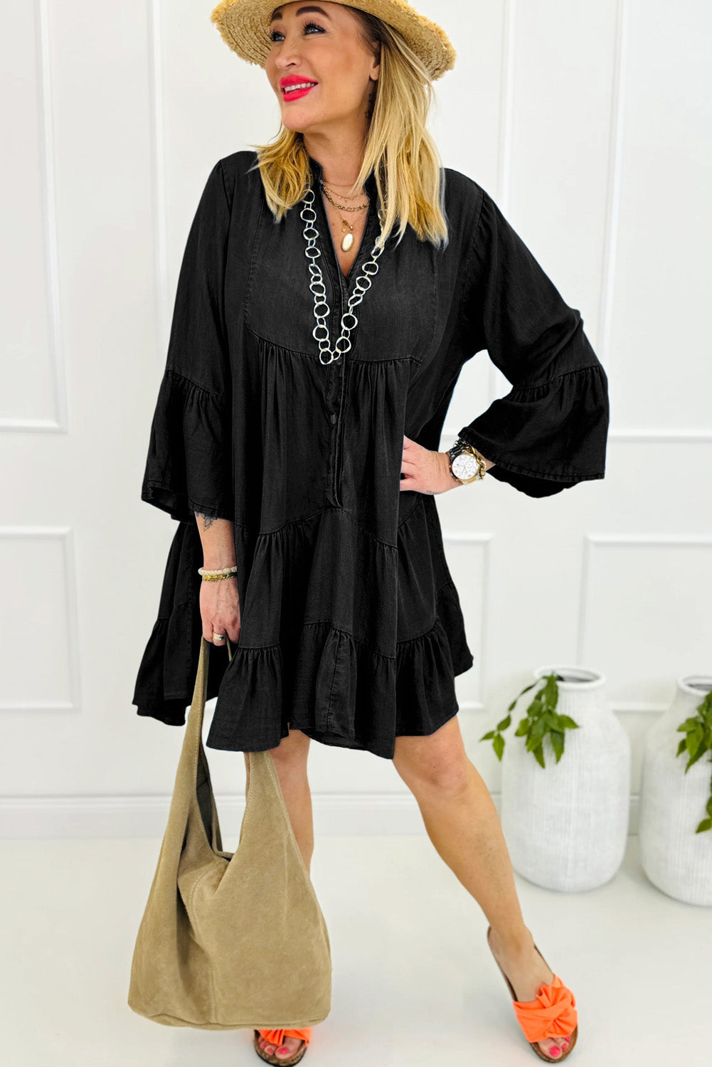 Black Chambray Ruffled 3/4 Sleeve Tiered Split V Neck Mini Dress Dear-Lover Dropshipping