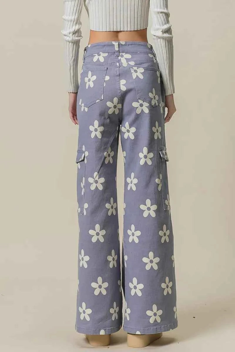 BiBi Flower Printed Side Pocket Wide Pants