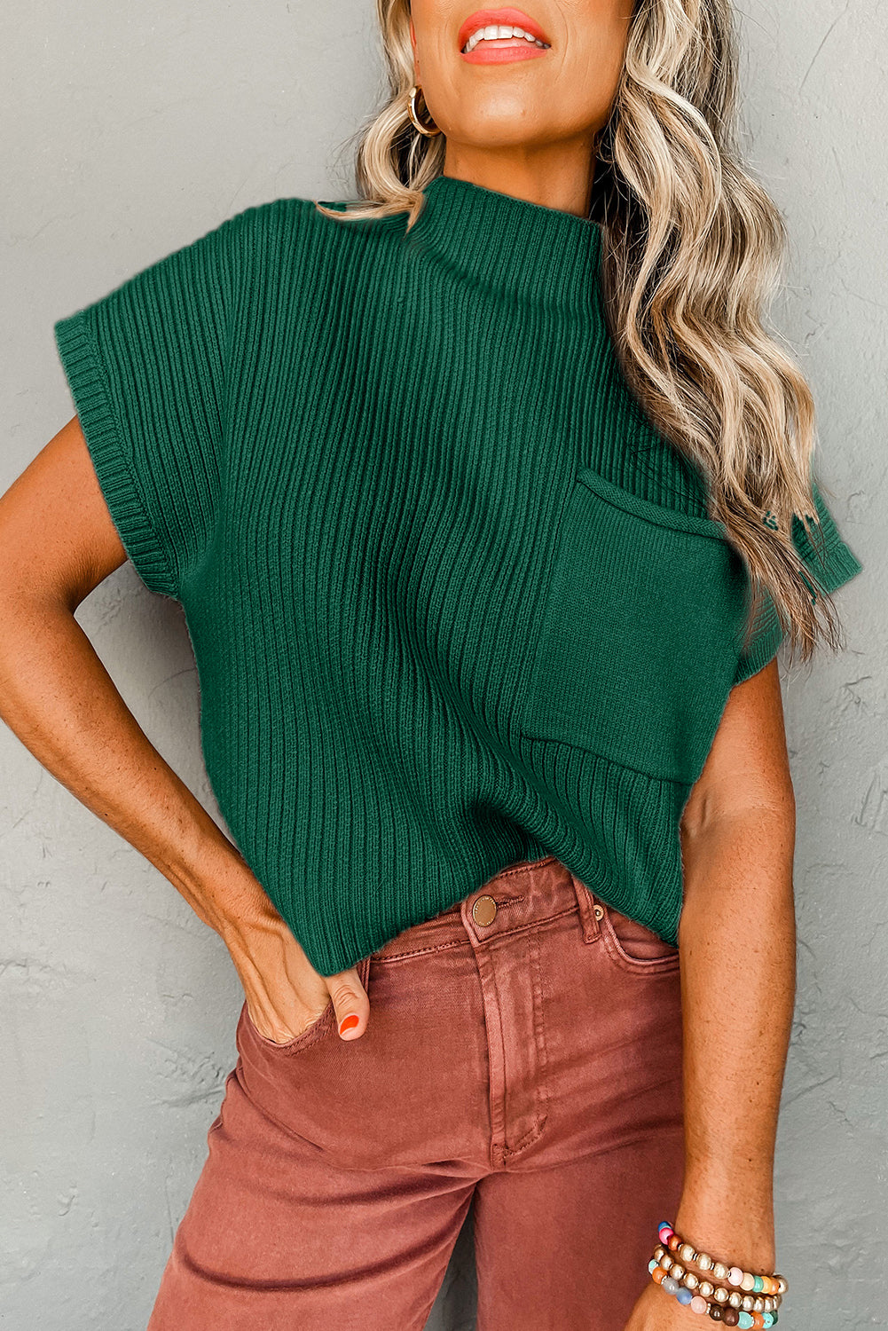 Blackish Green Patch Pocket Ribbed Knit Short Sleeve Sweater Dear-Lover Dropshipping