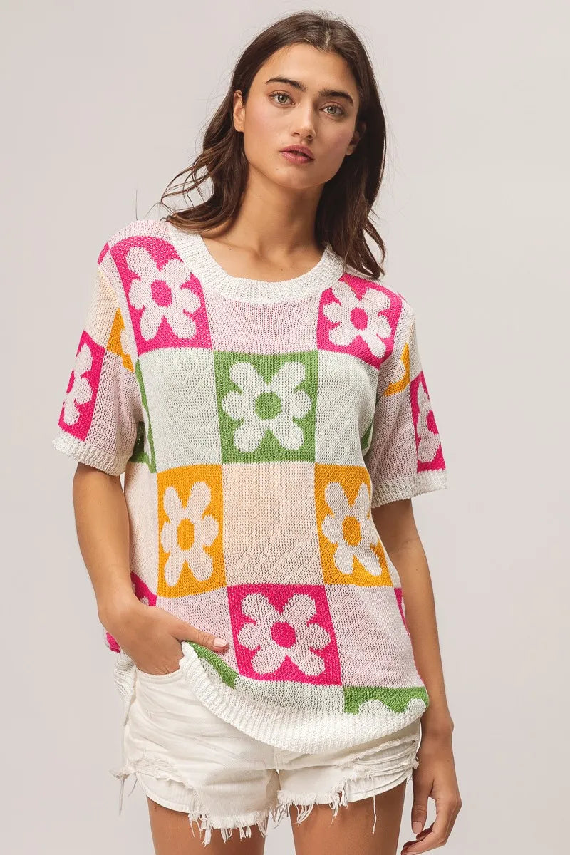 Flower Checker Pattern Lightweight Sweater Top.