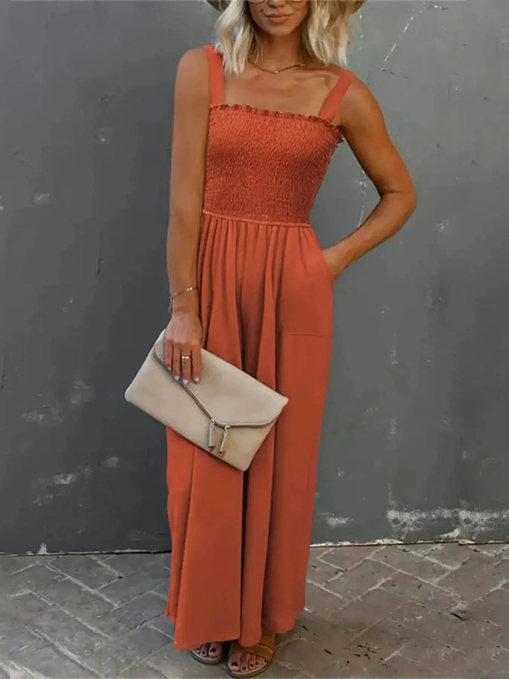 Smocked Wide Leg Jumpsuit.