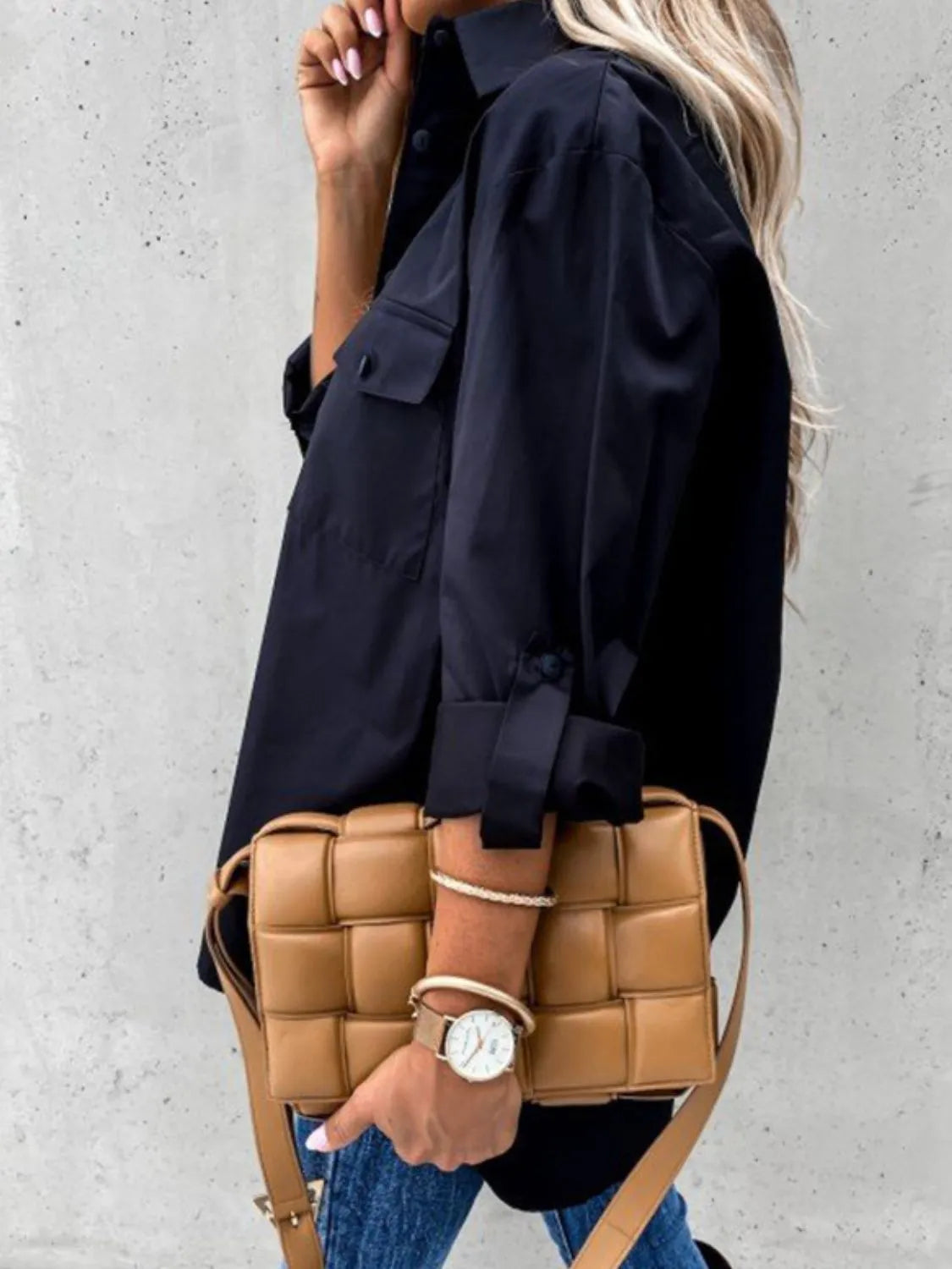 Button Up Roll-Tab Sleeve Shirt.