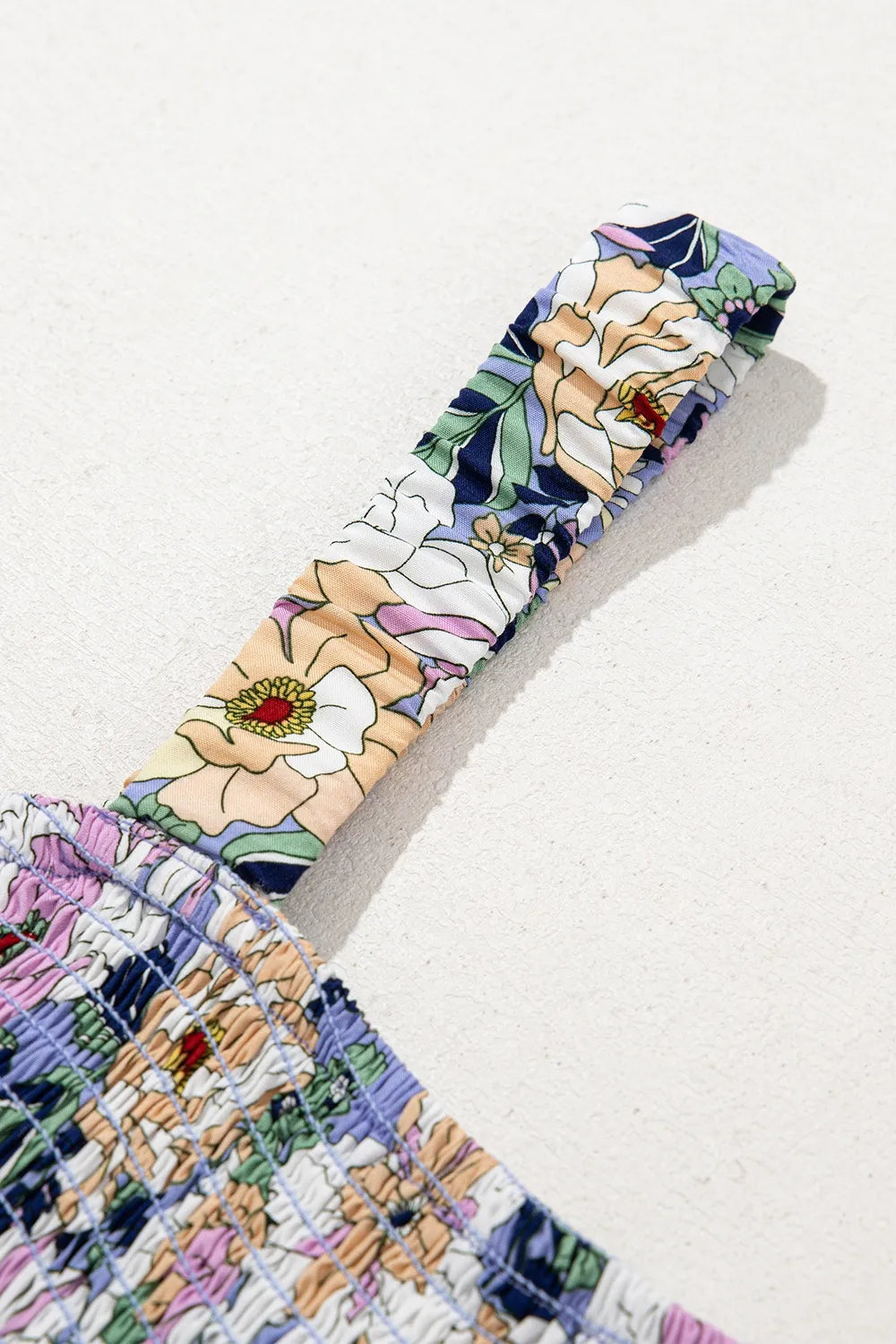 Floral Print Smocked High Waist Square Neck Jumpsuit.