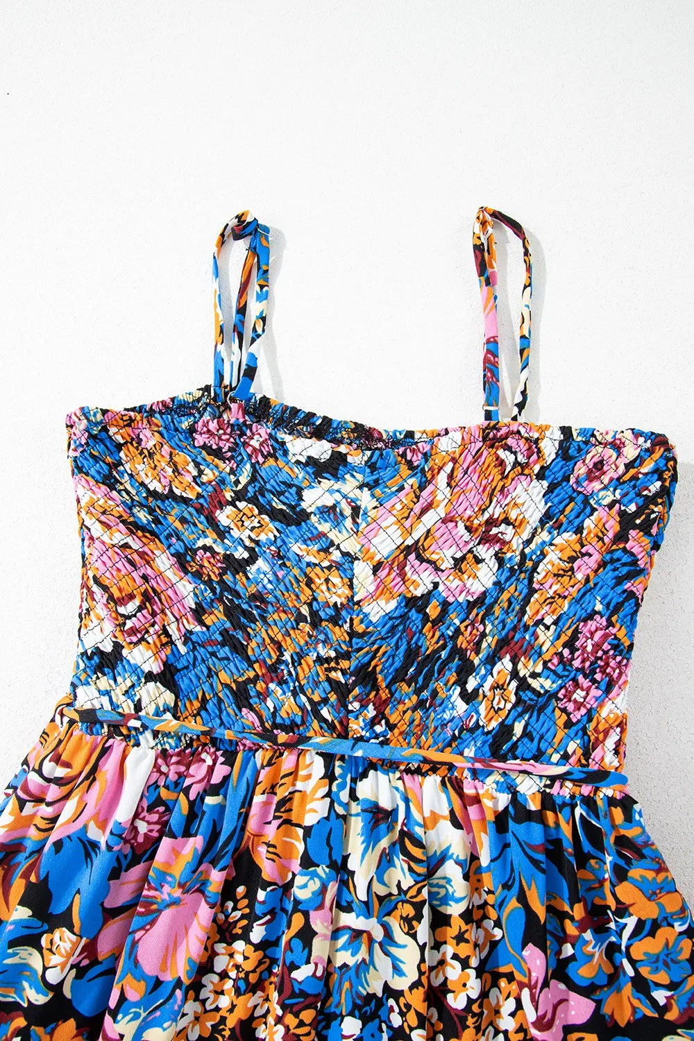 Floral Smocked Spaghetti Straps Wide Leg Jumpsuit - CHIC TB