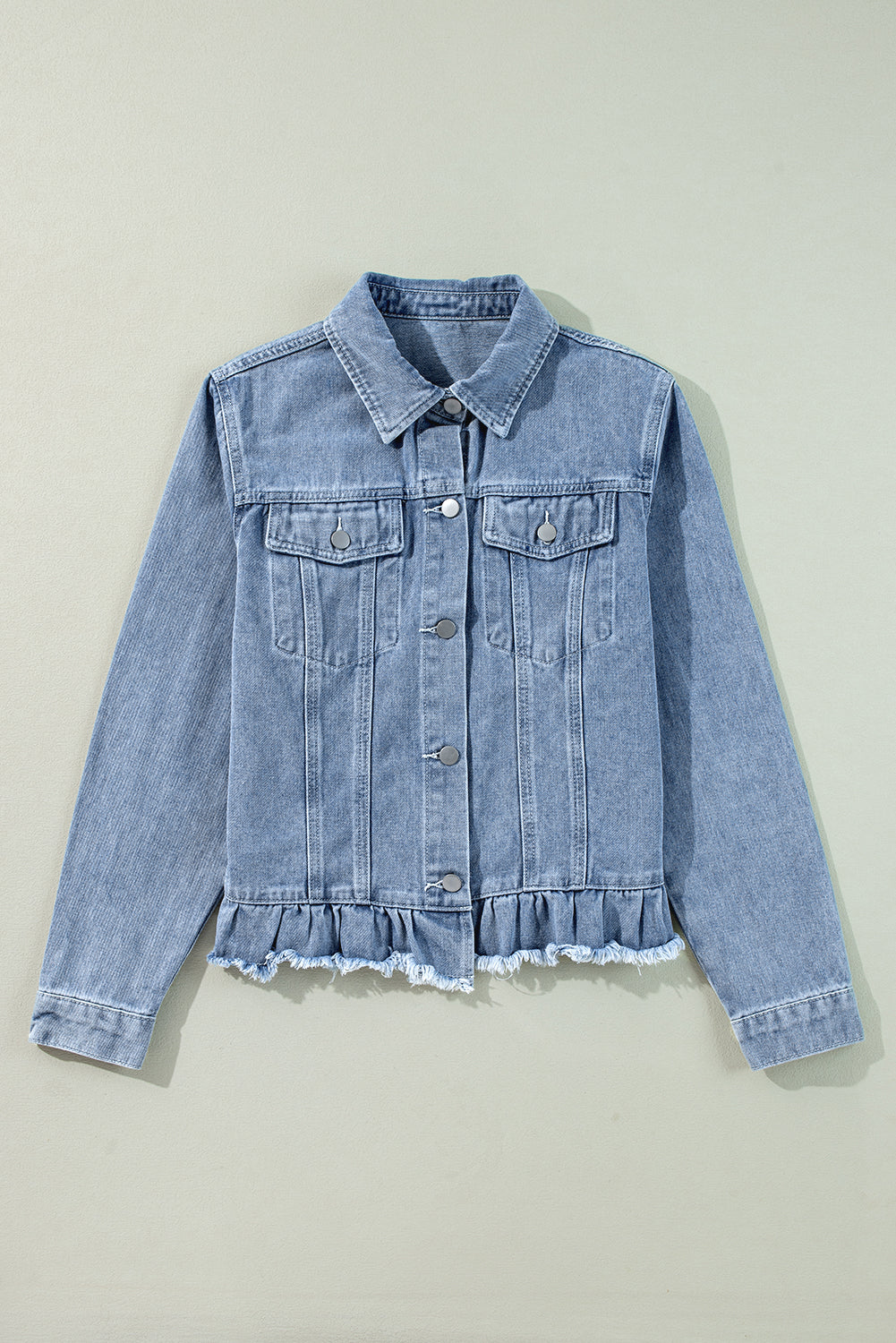 Beau Blue Ruffle Raw Hem Flap Pockets Denim Jacket Dear-Lover Dropshipping