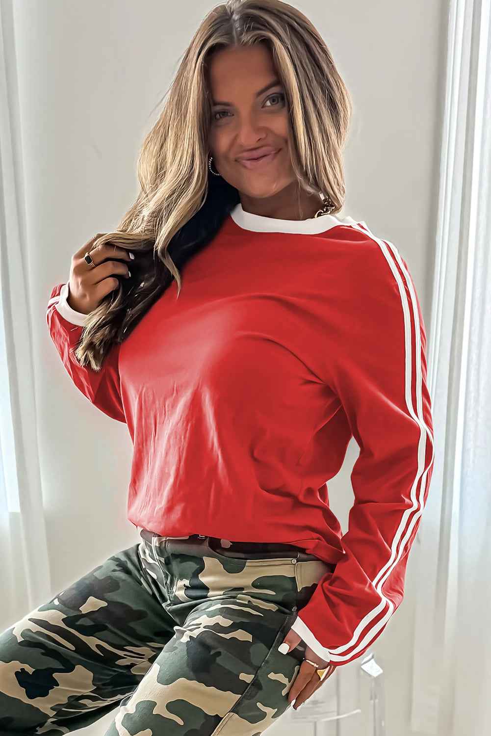 Fiery Red Varsity Striped Accent Contrast Crew Neck Long Sleeve T Shirt