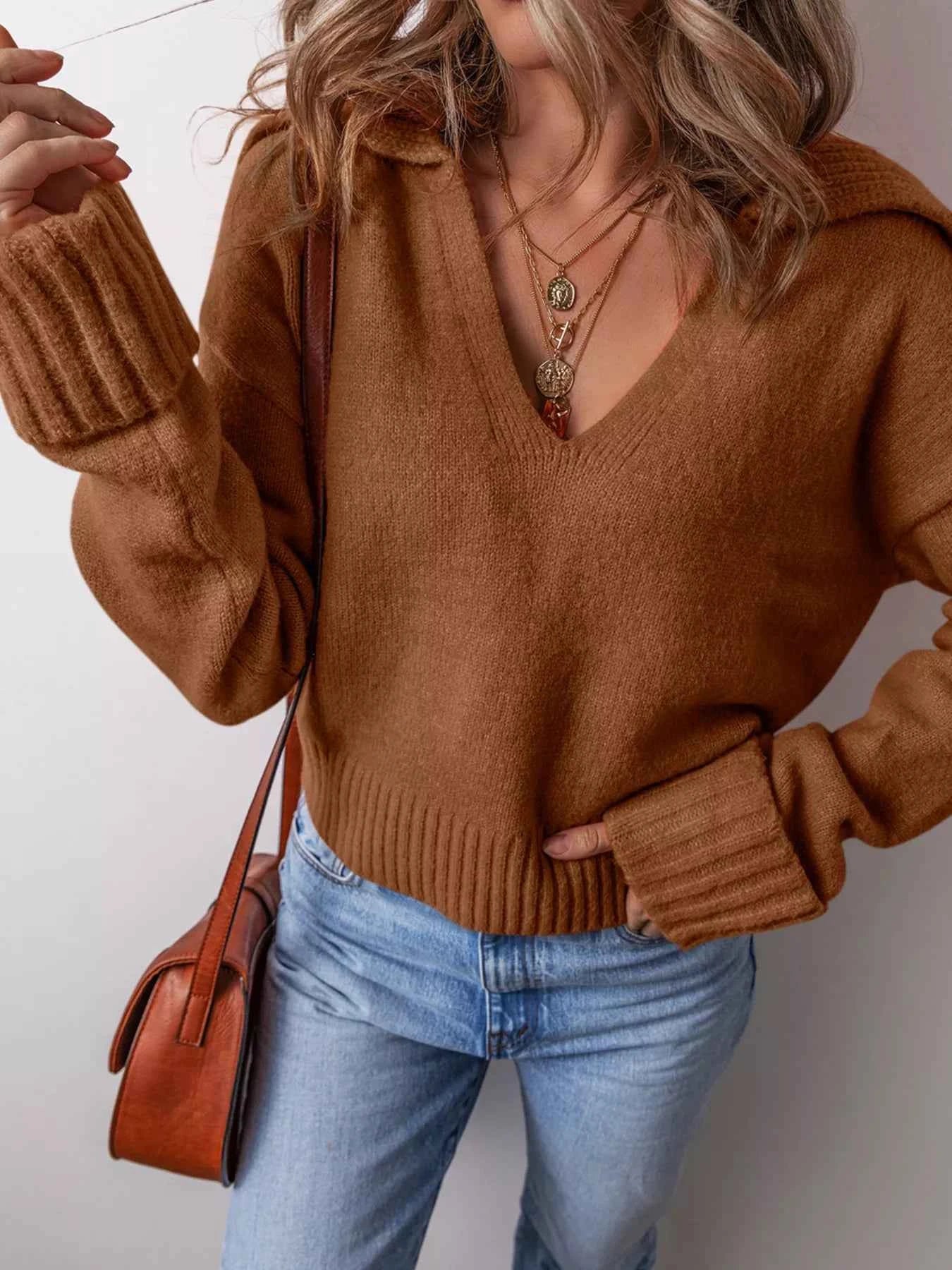 Collared V Neck Ribbed Edge Sweater